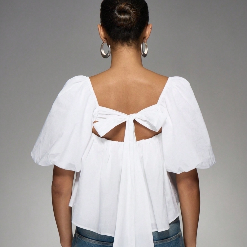 Glamourous White Cotton Scoop Back Bow Tie Short Puff Sleeve Blouse Sz 8